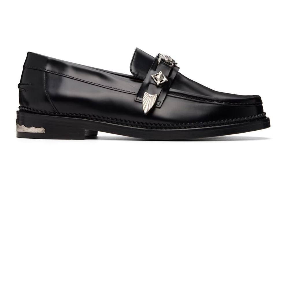 TOGA Pulla Black Leather Slip-On Loafers with Silver Accents